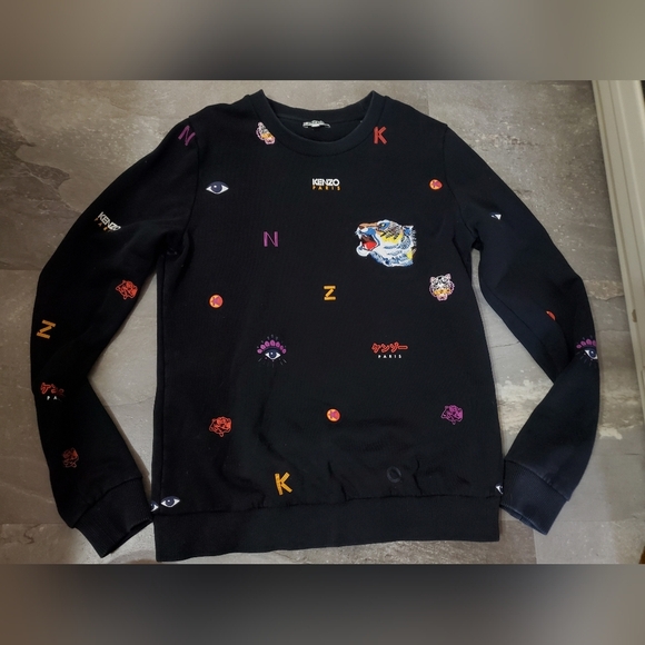 Kenzo Black Long Sleeves Crewneck Sweater with Printed Details. Embroidered. S. - Picture 1 of 13